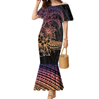 Floral Polynesian Hibiscus Tattoo Family Matching Mermaid Dress and Hawaiian Shirt Peach Gradient Style LT9 Mom's Dress Peach - Polynesian Pride