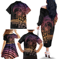 Floral Polynesian Hibiscus Tattoo Family Matching Off The Shoulder Long Sleeve Dress and Hawaiian Shirt Peach Gradient Style LT9 - Polynesian Pride