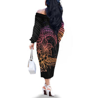 Floral Polynesian Hibiscus Tattoo Family Matching Off The Shoulder Long Sleeve Dress and Hawaiian Shirt Peach Gradient Style LT9 - Polynesian Pride