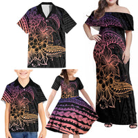 Floral Polynesian Hibiscus Tattoo Family Matching Off Shoulder Maxi Dress and Hawaiian Shirt Peach Gradient Style LT9 - Polynesian Pride