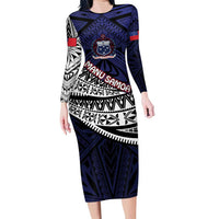 Custom Samoa Rugby Pacific Family Matching Long Sleeve Bodycon Dress and Hawaiian Shirt Samoan Warrior Tribal Pattern LT9 Mom's Dress Blue - Polynesian Pride