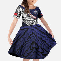 Custom Samoa Rugby Pacific Family Matching Off The Shoulder Long Sleeve Dress and Hawaiian Shirt Samoan Warrior Tribal Pattern LT9 Daughter's Dress Blue - Polynesian Pride