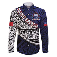Custom Samoa Rugby Pacific Family Matching Off The Shoulder Long Sleeve Dress and Hawaiian Shirt Samoan Warrior Tribal Pattern LT9 Dad's Shirt - Long Sleeve Blue - Polynesian Pride