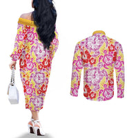 Palaka with Honu and Hibiscus Couples Matching Off The Shoulder Long Sleeve Dress and Long Sleeve Button Shirt Hawaiian Heritage Spirit LT9 - Polynesian Pride