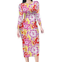 Palaka with Honu and Hibiscus Long Sleeve Bodycon Dress Hawaiian Heritage Spirit LT9 Long Dress Red - Polynesian Pride