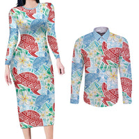 Palaka with Honu and Plumeria Couples Matching Long Sleeve Bodycon Dress and Long Sleeve Button Shirt Hawaiian Heritage Spirit LT9 Blue - Polynesian Pride