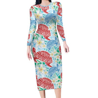 Palaka with Honu and Plumeria Family Matching Long Sleeve Bodycon Dress and Hawaiian Shirt Hawaiian Heritage Spirit LT9 Mom's Dress Blue - Polynesian Pride