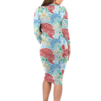 Palaka with Honu and Plumeria Long Sleeve Bodycon Dress Hawaiian Heritage Spirit LT9 - Polynesian Pride