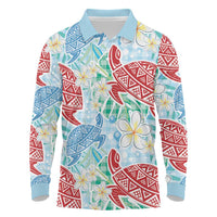 Palaka with Honu and Plumeria Long Sleeve Polo Shirt Hawaiian Heritage Spirit LT9 Blue - Polynesian Pride