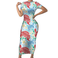 Palaka with Honu and Plumeria Short Sleeve Bodycon Dress Hawaiian Heritage Spirit LT9 Long Dress Blue - Polynesian Pride