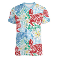 Palaka with Honu and Plumeria Women V-Neck T-Shirt Hawaiian Heritage Spirit LT9 Female Blue - Polynesian Pride