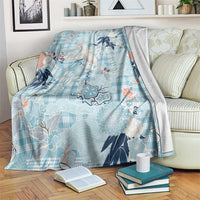 Blue Palaka Crane and Flowers Blanket Japan Heritage Spirit - Polynesian Pride