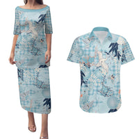 Blue Palaka Crane and Flowers Couples Matching Puletasi and Hawaiian Shirt Japan Heritage Spirit LT9 Blue - Polynesian Pride