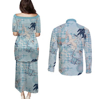 Blue Palaka Crane and Flowers Couples Matching Puletasi and Long Sleeve Button Shirt Japan Heritage Spirit LT9 - Polynesian Pride
