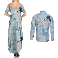 Blue Palaka Crane and Flowers Couples Matching Summer Maxi Dress and Long Sleeve Button Shirt Japan Heritage Spirit LT9 - Polynesian Pride