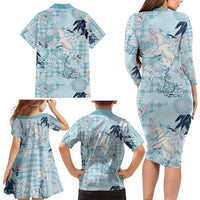 Blue Palaka Crane and Flowers Family Matching Long Sleeve Bodycon Dress and Hawaiian Shirt Japan Heritage Spirit LT9 - Polynesian Pride