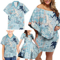 Blue Palaka Crane and Flowers Family Matching Off Shoulder Short Dress and Hawaiian Shirt Japan Heritage Spirit LT9 - Polynesian Pride