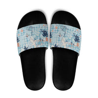 Blue Palaka Crane and Flowers Slide Sandals Japan Heritage Spirit - Polynesian Pride