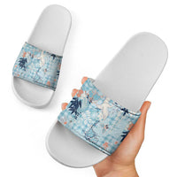 Blue Palaka Crane and Flowers Slide Sandals Japan Heritage Spirit - Polynesian Pride
