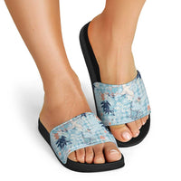 Blue Palaka Crane and Flowers Slide Sandals Japan Heritage Spirit - Polynesian Pride
