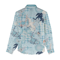 Blue Palaka Crane and Flowers Women Casual Shirt Japan Heritage Spirit - Polynesian Pride