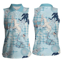 Blue Palaka Crane and Flowers Women Sleeveless Polo Shirt Japan Heritage Spirit LT9 - Polynesian Pride