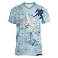 Blue Palaka Crane and Flowers Women V-Neck T-Shirt Japan Heritage Spirit LT9 Female Blue - Polynesian Pride