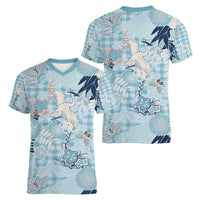Blue Palaka Crane and Flowers Women V-Neck T-Shirt Japan Heritage Spirit LT9 - Polynesian Pride