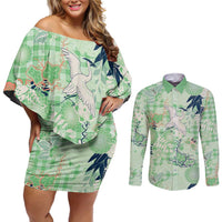 Green Palaka Crane and Flowers Couples Matching Off Shoulder Short Dress and Long Sleeve Button Shirt Japan Heritage Spirit LT9 Green - Polynesian Pride