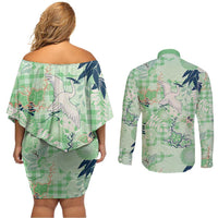 Green Palaka Crane and Flowers Couples Matching Off Shoulder Short Dress and Long Sleeve Button Shirt Japan Heritage Spirit LT9 - Polynesian Pride