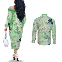 Green Palaka Crane and Flowers Couples Matching Off The Shoulder Long Sleeve Dress and Long Sleeve Button Shirt Japan Heritage Spirit LT9 - Polynesian Pride