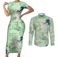 Green Palaka Crane and Flowers Couples Matching Short Sleeve Bodycon Dress and Long Sleeve Button Shirt Japan Heritage Spirit LT9 Green - Polynesian Pride
