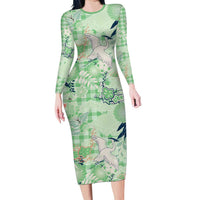 Green Palaka Crane and Flowers Family Matching Long Sleeve Bodycon Dress and Hawaiian Shirt Japan Heritage Spirit LT9 Mom's Dress Green - Polynesian Pride