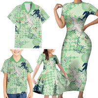 Green Palaka Crane and Flowers Family Matching Short Sleeve Bodycon Dress and Hawaiian Shirt Japan Heritage Spirit LT9 - Polynesian Pride