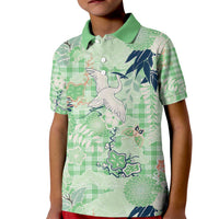 Green Palaka Crane and Flowers Kid Polo Shirt Japan Heritage Spirit LT9 Kid Green - Polynesian Pride