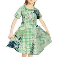 Green Palaka Crane and Flowers Kid Short Sleeve Dress Japan Heritage Spirit LT9 - Polynesian Pride