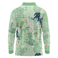 Green Palaka Crane and Flowers Long Sleeve Polo Shirt Japan Heritage Spirit LT9 - Polynesian Pride