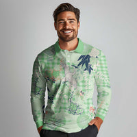 Green Palaka Crane and Flowers Long Sleeve Polo Shirt Japan Heritage Spirit LT9 - Polynesian Pride