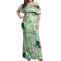 Green Palaka Crane and Flowers Off Shoulder Maxi Dress Japan Heritage Spirit LT9 Women Green - Polynesian Pride