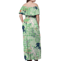 Green Palaka Crane and Flowers Off Shoulder Maxi Dress Japan Heritage Spirit LT9 - Polynesian Pride