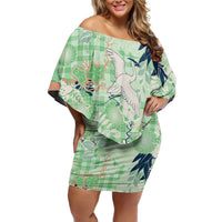 Green Palaka Crane and Flowers Off Shoulder Short Dress Japan Heritage Spirit LT9 Women Green - Polynesian Pride