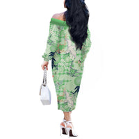 Green Palaka Crane and Flowers Off The Shoulder Long Sleeve Dress Japan Heritage Spirit LT9 - Polynesian Pride