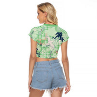 Green Palaka Crane and Flowers Raglan Cropped T Shirt Japan Heritage Spirit LT9 - Polynesian Pride