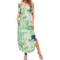 Green Palaka Crane and Flowers Summer Maxi Dress Japan Heritage Spirit LT9 Women Green - Polynesian Pride