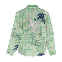 Green Palaka Crane and Flowers Women Casual Shirt Japan Heritage Spirit - Polynesian Pride