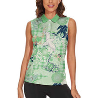 Green Palaka Crane and Flowers Women Sleeveless Polo Shirt Japan Heritage Spirit LT9 - Polynesian Pride