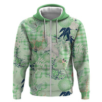 Green Palaka Crane and Flowers Zip Hoodie Japan Heritage Spirit LT9 Zip Hoodie Green - Polynesian Pride