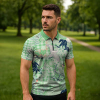 Green Palaka Crane and Flowers Zipper Polo Shirt Japan Heritage Spirit LT9 - Polynesian Pride