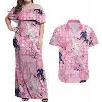 Pink Palaka Crane and Flowers Couples Matching Off Shoulder Maxi Dress and Hawaiian Shirt Japan Heritage Spirit LT9 Pink - Polynesian Pride