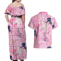 Pink Palaka Crane and Flowers Couples Matching Off Shoulder Maxi Dress and Hawaiian Shirt Japan Heritage Spirit LT9 - Polynesian Pride